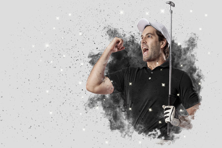 Golf Player with a black uniform coming out of a blast of smoke .の写真素材