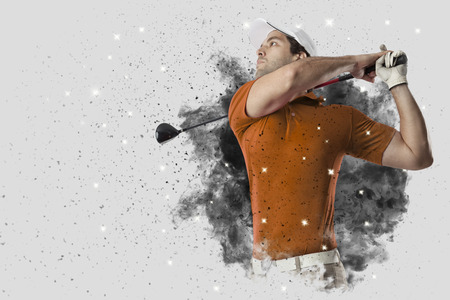 Golf Player with a orange uniform coming out of a blast of smoke .の写真素材