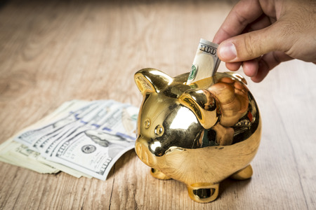 Putting a 100 dollars into a piggy bankの写真素材