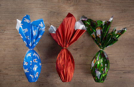 Brazilian Easters eggs, on a wooden tableの写真素材