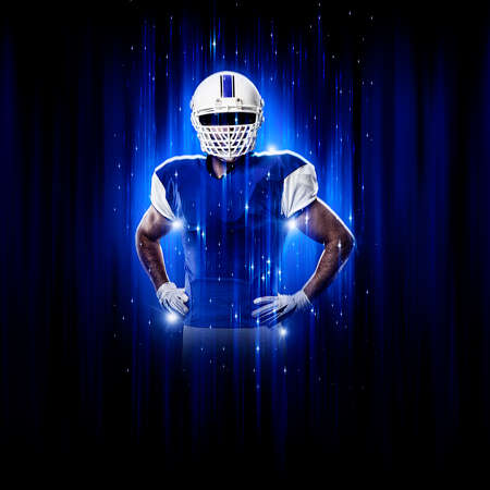Football Player player with a superhero pose wearing a blue uniform on a black background with blue...