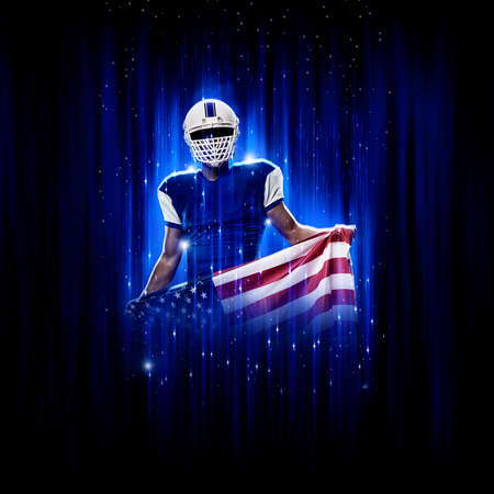 Football Player player with a superhero pose wearing a blue uniform on a black background with blue...