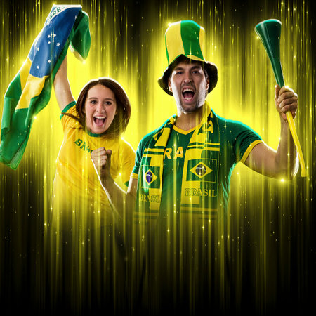 Brazilian couple Celebrating the cup on a black background with yellow glow, cheering for Brazil to be the champion.の写真素材
