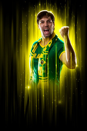 Brazilian fan, celebrating on a yellow and black backgroun, cheering for Brazil to be the champion.の写真素材