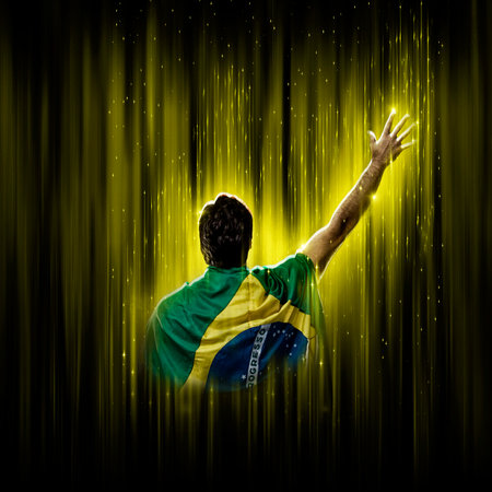 Brazilian soccer player, on a yellow and black background.の写真素材