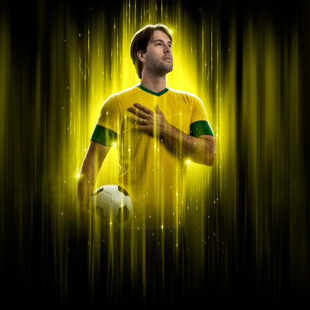 Brazilian soccer player, on a yellow and black background.の写真素材