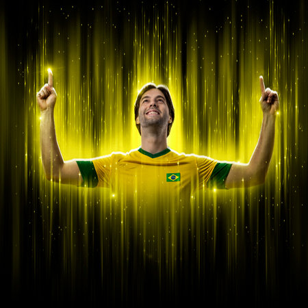 Brazilian soccer player, on a yellow and black background.の写真素材