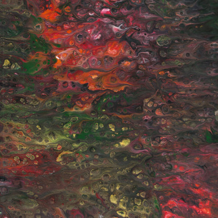 Photograph of an acrylic artwork.  Dark and moody with flashes of colour.の写真素材