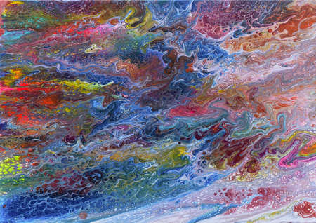 Photograph of a fluid art acrylic artwork.  A wide range of colours give the impression of waves.の写真素材