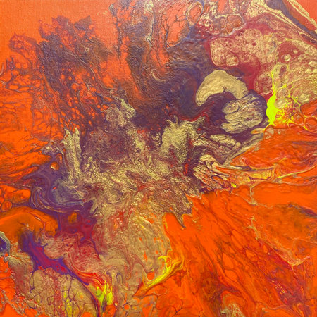 Photograph of an orange neon fluid acrylic artwork.  With hints of silver and gold.の写真素材