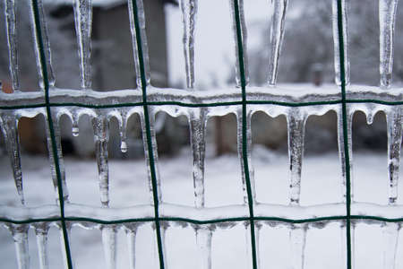 wire mesh covered with ice after winter icy rainの写真素材