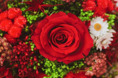 bouquet of dried flowers with red rose on white backgroundの写真素材