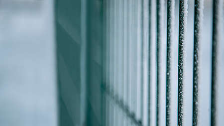 Background. Metal fence in winter. The iron fence is frozen.の写真素材