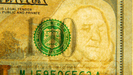 One hundred US dollars close-up with watermark. Paper bill dollars.の写真素材