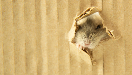 The muzzle of a small hamster peeks out of a cardboard hole. The muzzle of a gray mouse in a paper hole. Eyes, nose, mustache of a rodent. Close-up. Copy space.の写真素材