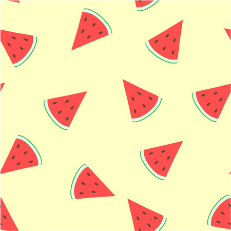 Watermelon slices on a beige background. Pieces of watermelon on a light yellow background. Pattern. Vector.のイラスト素材