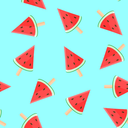 Pieces of watermelon on a stick on a blue background. Pattern. Watermelon slices on a turquoise background. Summer background. Sweet, juicy food.のイラスト素材