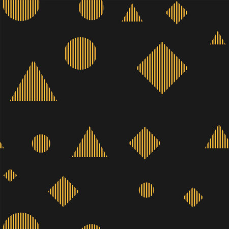 Different geometric shapes on a black background. A rhombus, a triangle, a yellow circle and a black stripe. Striped geometrical forms. Vector.のイラスト素材