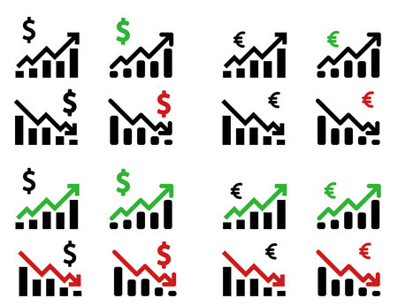 Vector illustration of the dollar euro currency appreciation icon. A money symbol with a trailing up and down arrow.のイラスト素材