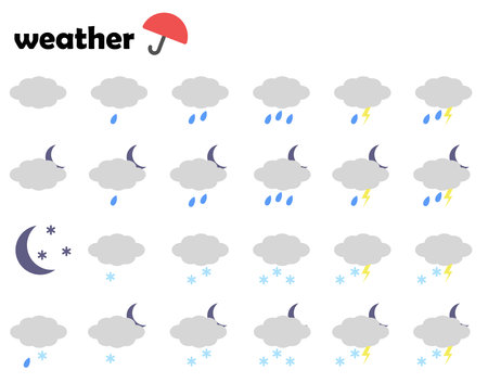 The weather forecast for the night time. Icons, weather prediction symbols. Clouds, clouds, raindrops, lightning, night, moon, snowflake. Vector.のイラスト素材