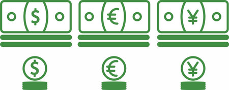 Vector illustration of money currency dollar, euro, symbol of Chinese yuan coin banknotes.のイラスト素材