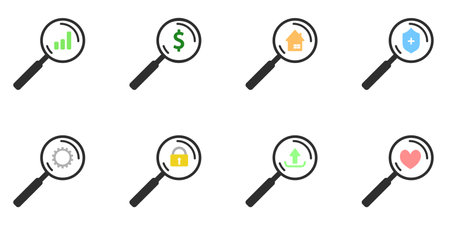 Eight magnifiers show a variety of icons. A blank for the website and design. Conceptual icons.のイラスト素材