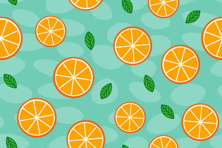 A pattern of orange slices and green leaves on a spotted and turquoise background.のイラスト素材