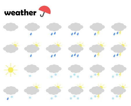 Symbols in the form of clouds, sun, lightning, rain, snow. A blank for the weather forecast.のイラスト素材