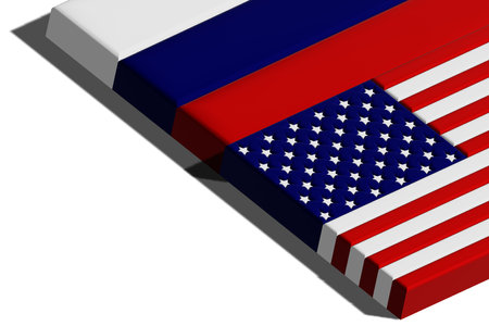 A three-dimensional rendition of a blended USA and Russia flag.の写真素材
