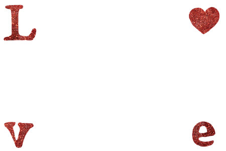 The word Love consists of beautiful, shiny letters on a white background. Blank, template for a postcard. Valentines Day, for a wedding, a declaration of love.の写真素材