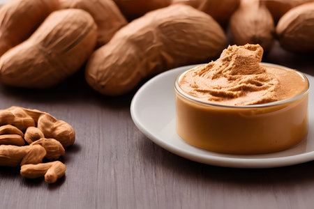 photo of delicious peanut butter under studio lighting, peanuts spread on the tableの写真素材