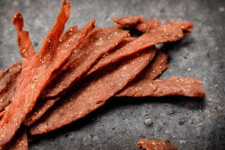 picture of beef jerky, dried meat, food item with long shelf lifeの写真素材