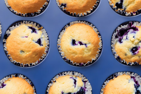 juicy and yummy blueberry muffins, high calorie baked food , sweet and sugary