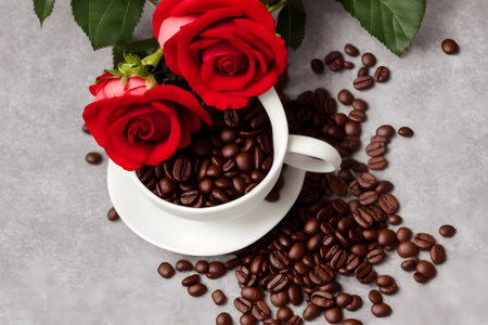 photo of coffee beans and red roses, symbol of loveの写真素材