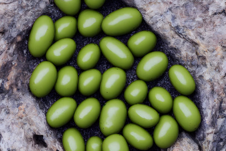 green olives, source of olive oil, and a breakfast food itemの写真素材