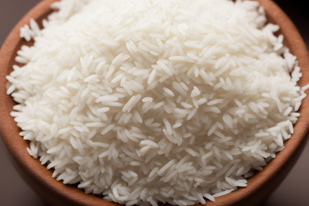 a cup of cooked rice, rice is a staple food high in carbohydratesの写真素材