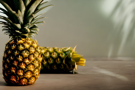 Picture of raw pineapple with green leaves and skinの写真素材