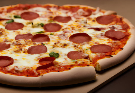 Picture of yummy pizza with cheese and other ingredients