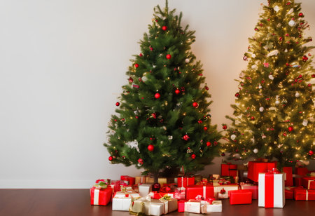 Christmas fir tree indoors with gifts under it, generative aiの素材