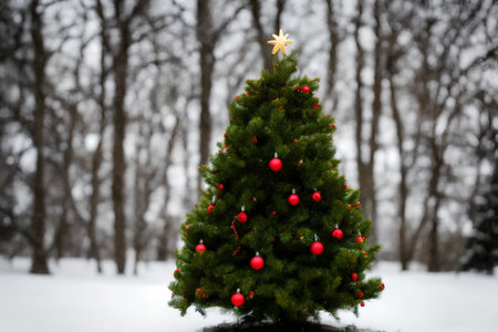 Realistic illustration of decorated fir tree under snow, generative aiの素材