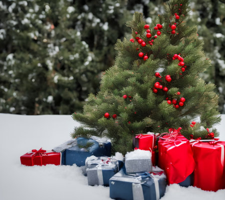 Realistic illustration of decorated fir tree under snow, generative aiの素材