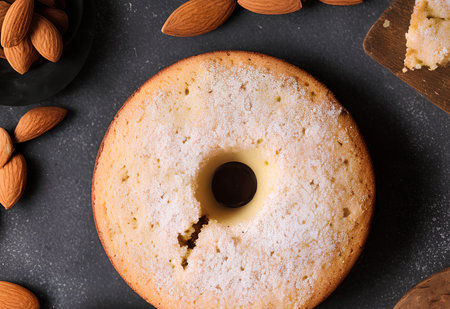 Realistic illustration of the almond cake, sweet baked food, generative aiの素材