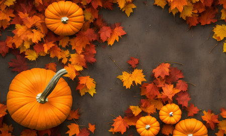 Illustration of the autumn leaves and pumpkins outdoors, generative aiの素材