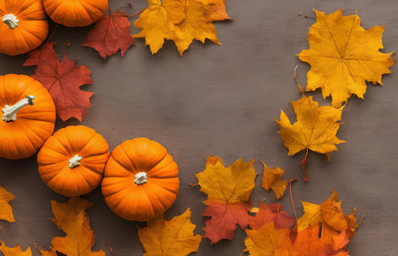 Illustration of the autumn leaves and pumpkins outdoors, generative aiの素材