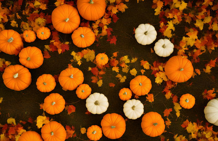 Illustration of the autumn leaves and pumpkins outdoors, generative aiの素材