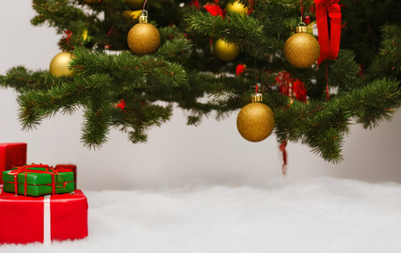 Christmas fir tree indoors with gifts under it, generative aiの素材