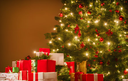 Christmas fir tree indoors with gifts under it, generative aiの素材