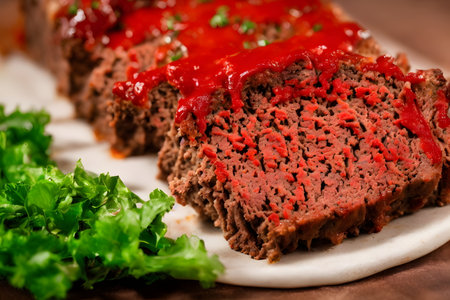 Realistic illustration of cooked meatloaf with sauce, Generative AI.の素材