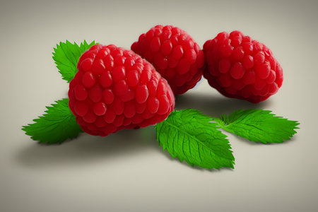 3d rendering illustration of red raspberry fruit, using Generative AI.の素材