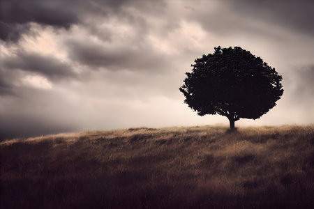Realistic illustration of a tree on a hill or field, Generative AI.の素材